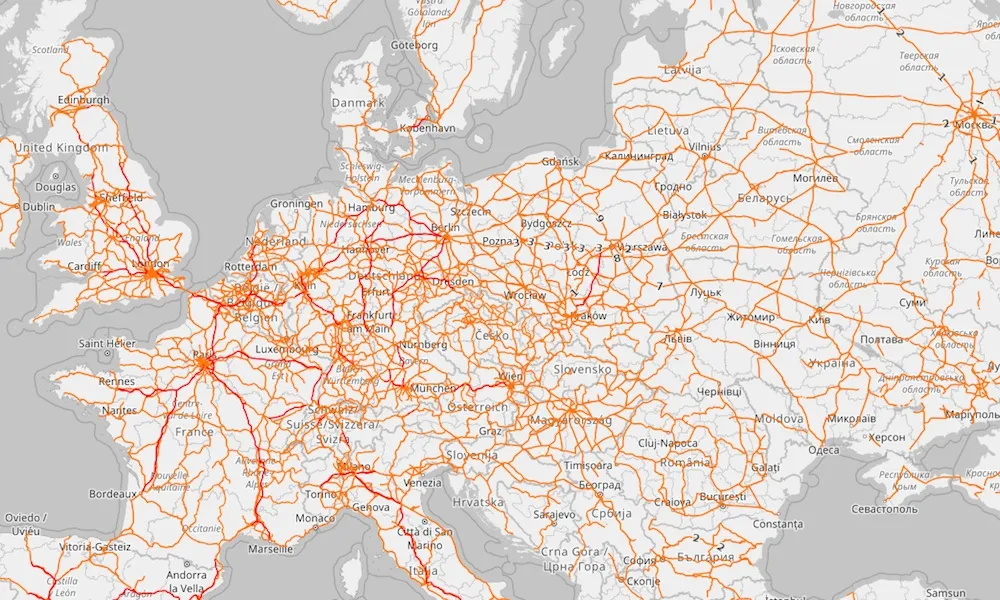 Mapa Europy z zaznaczonymi popularnymi trasami transportowymi dla busów