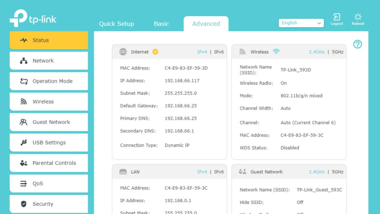 panel administracyjny routera wifi