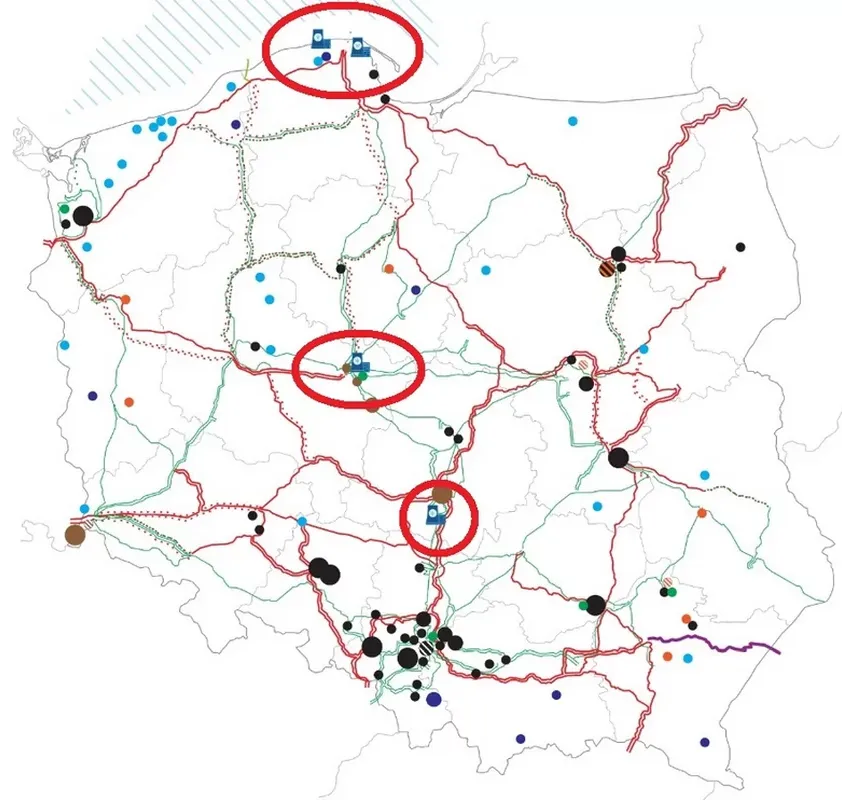 mapa potencjalnych lokalizacji elektrowni jądrowych w Polsce
