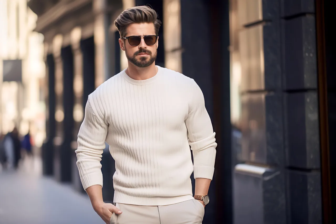 Mężczyzna oglądający metkę ubrania jakość