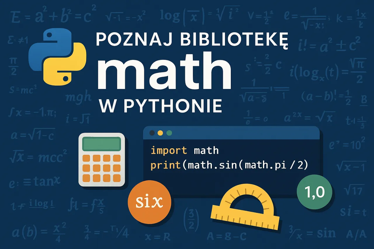 Poznaj bibliotekę math w Pythonie, by nauczyć się, jak zaprogramować sztuczną inteligencję. Grafika zawiera wzory matematyczne, logo Pythona, kalkulator i kod.