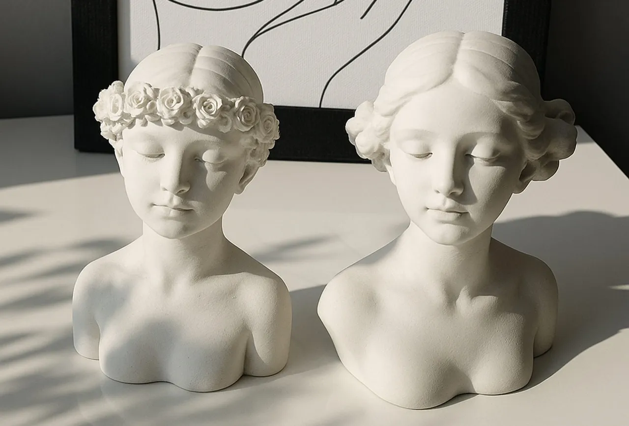 Dwie białe popiersia dziewcząt, jedno z wiankiem r&oacute;ż. Idealny gips polimerowy do odlew&oacute;w, by stworzyć takie dzieła sztuki.
