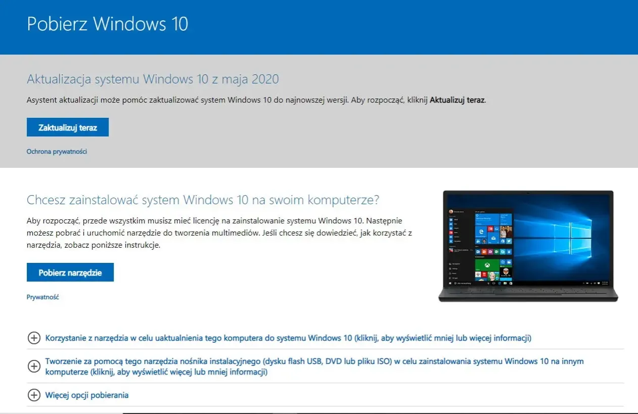 Strona pobierania Windows 10. Asystent aktualizacji pomoże Ci dowiedzieć się, jak zaktualizować Win 8.1 do 10.