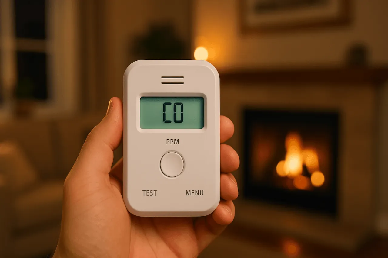 Czujnik czadu i gazu gdzie zamontować? Urządzenie w dłoni, w tle kominek.