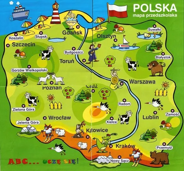 Mapa Polski z zaznaczonymi miejscowościami nadmorskimi przyjaznymi dzieciom