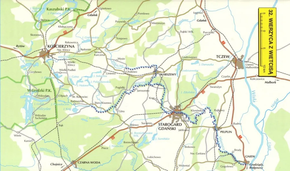 Mapa szlaku kajakowego Wierzycy z zaznaczonymi odcinkami