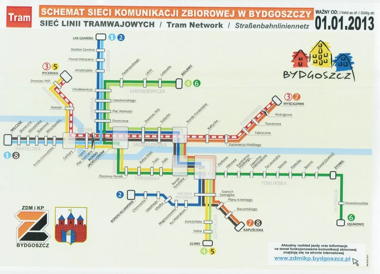 Schemat sieci komunikacji tramwajowej w Bydgoszczy. Aktualny rozkład jazdy PKP Bydgoszcz i innych środków transportu.