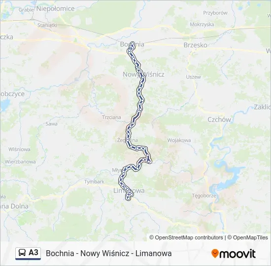 mapa przystanków bus Limanowa Kraków
