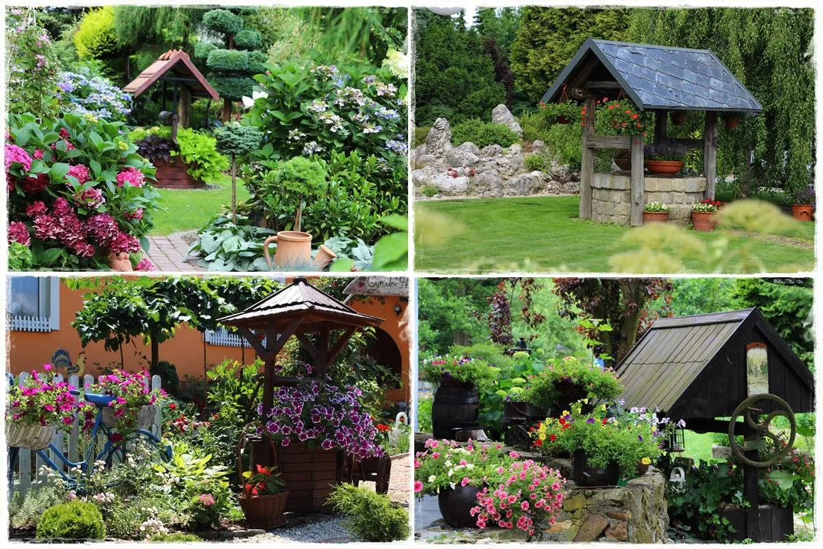 Inspiracje na udekorowane studnie ogrodowe w r&oacute;żnych stylach