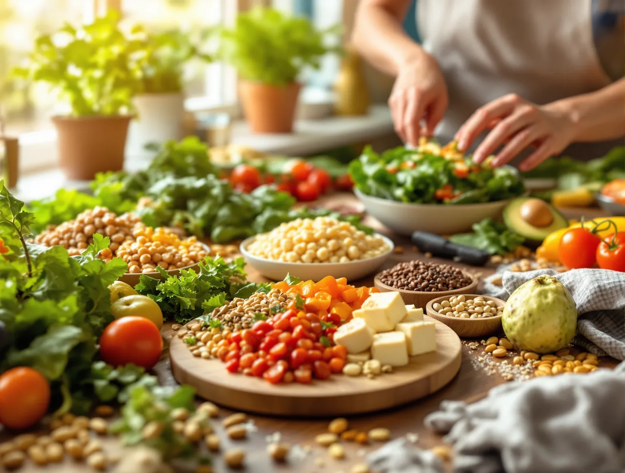 Na stole pełnym warzyw, nasion i tofu widać, w czym jest białko roślinne: ciecierzyca, soczewica, fasola i orzechy.