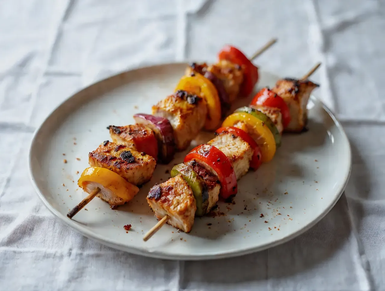 Dwa apetyczne szaszłyki z kurczaka w kolorowej marynacie, z papryką i cebulą, podane na talerzu.