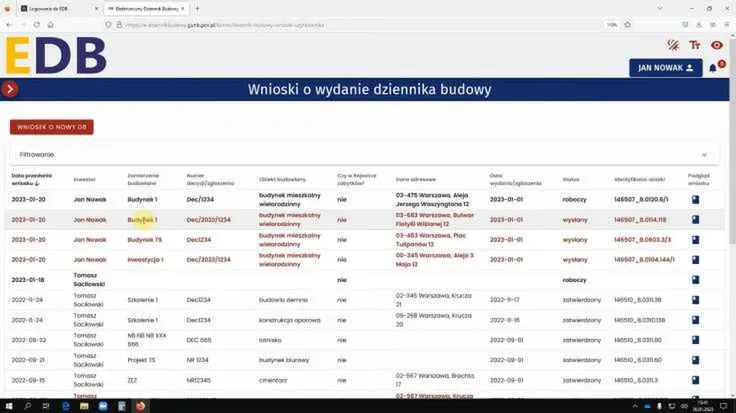 Elektroniczny Dziennik Budowy EDB interfejs