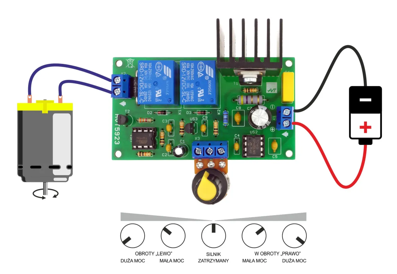 Moduł PWM do sterowania silnikiem DC, zasilany z baterii, z potencjometrem do regulacji obrot&oacute;w.