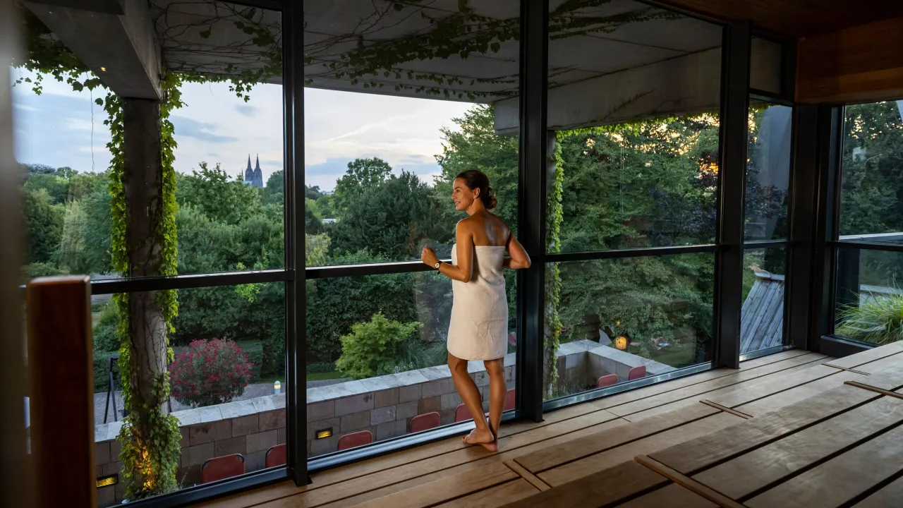 Paar entspannt in einer Therme mit Blick auf den K&ouml;lner Dom
