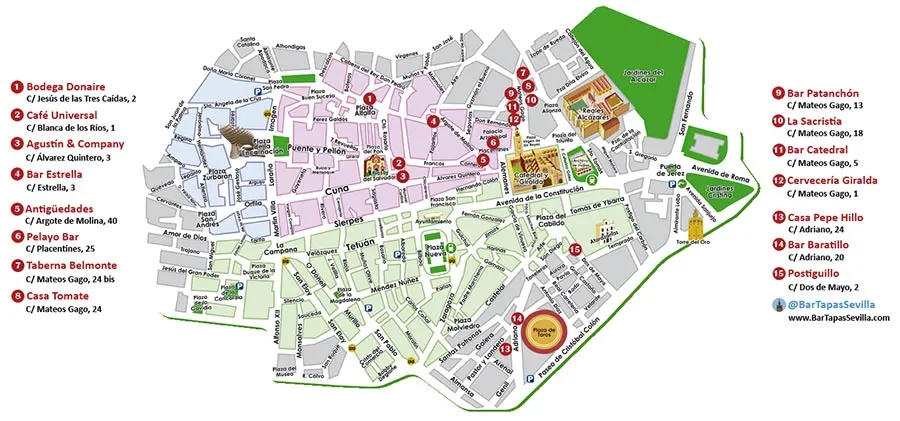 Mapa de barrios de Sevilla con zonas de tapeo destacadas