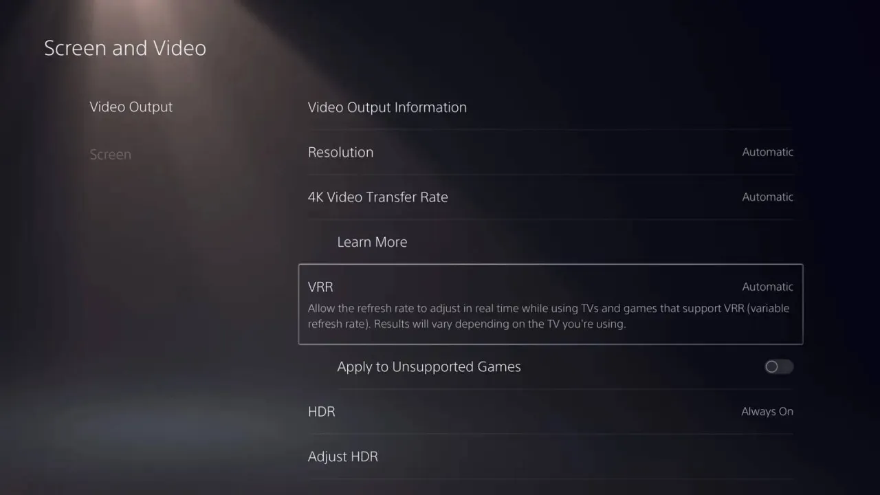 PS5 VRR settings menu
