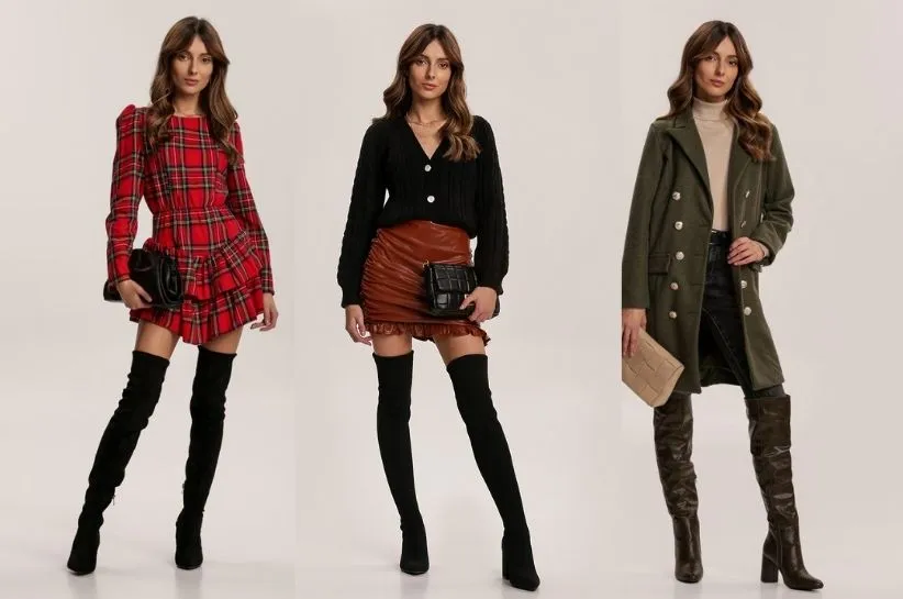 stylizacje sukienka i kozaki za kolano jesień