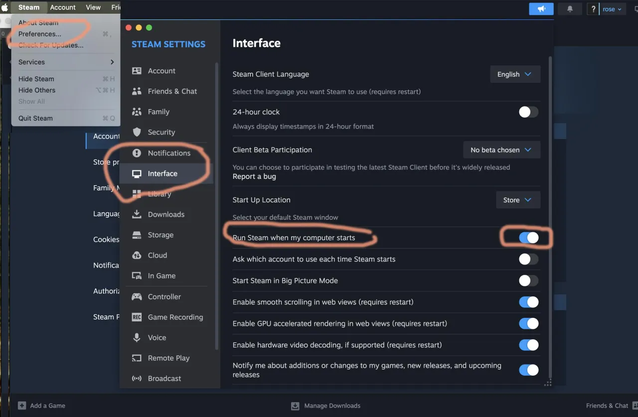 Ustawienia systemowe macOS autostart Steam