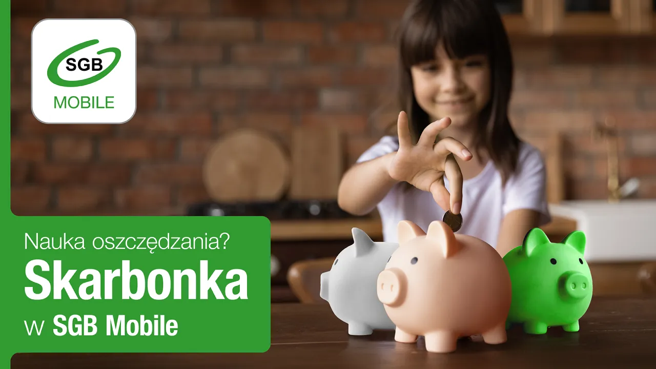 Dziewczynka wkłada monetę do skarbonki, ucząc się oszczędzania dla dziecka z SGB Mobile.
