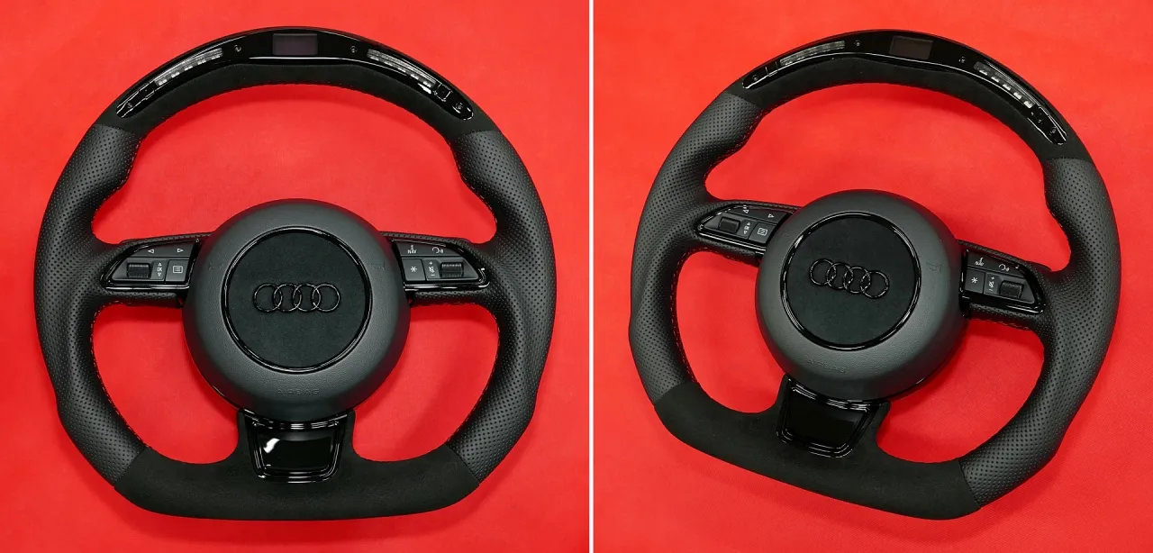 Dwa sportowe kierownice Audi z perforowanej skóry i alcantary. Zastanawiasz się, ile kosztuje obszycie kierownicy?