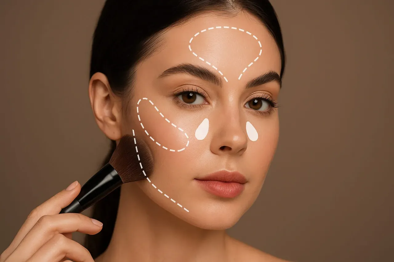 mapa konturowania twarzy bronzerem i rozświetlaczem dla początkujących