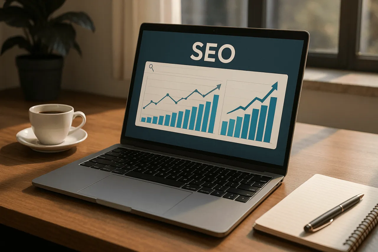 Laptop z wykresem wzrostu na ekranie, symbolizującym sukces w seo blogu. Obok kawa i notatnik.