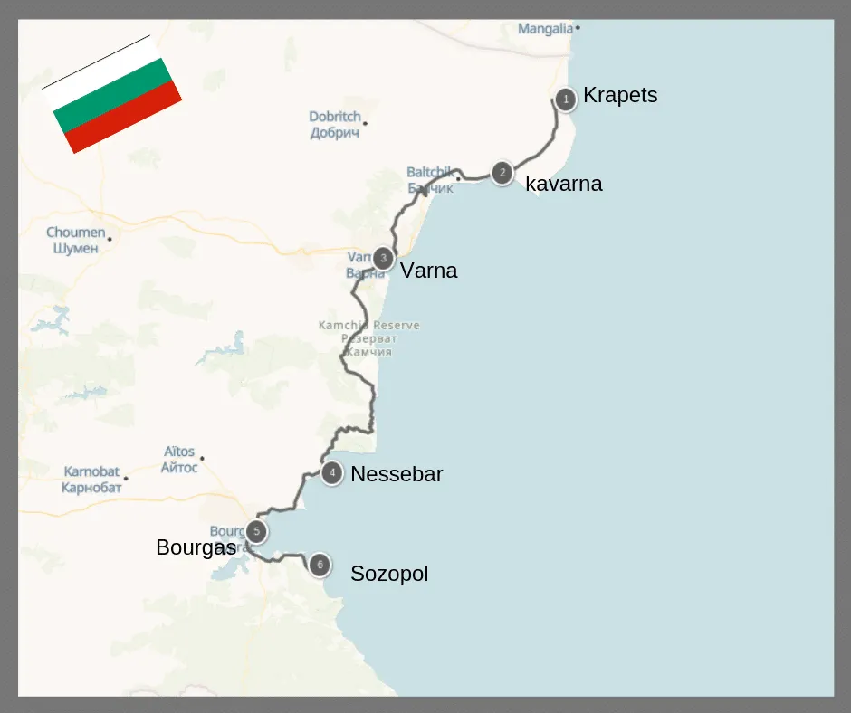 Carte des stations balnéaires de la mer Noire en Bulgarie