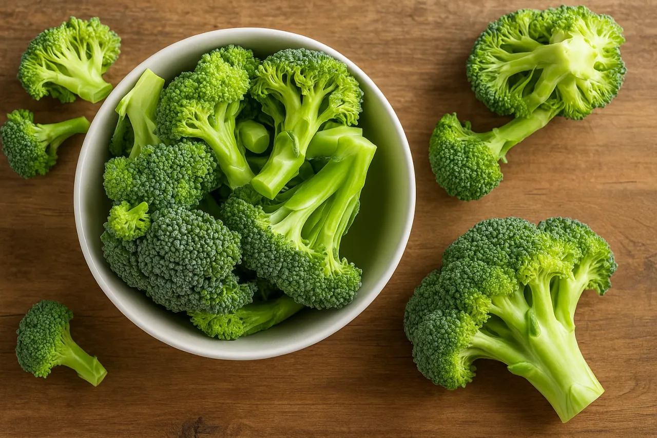Świeże różyczki brokułu w misce i obok, gotowe do tego, jak blanszować brokuł.