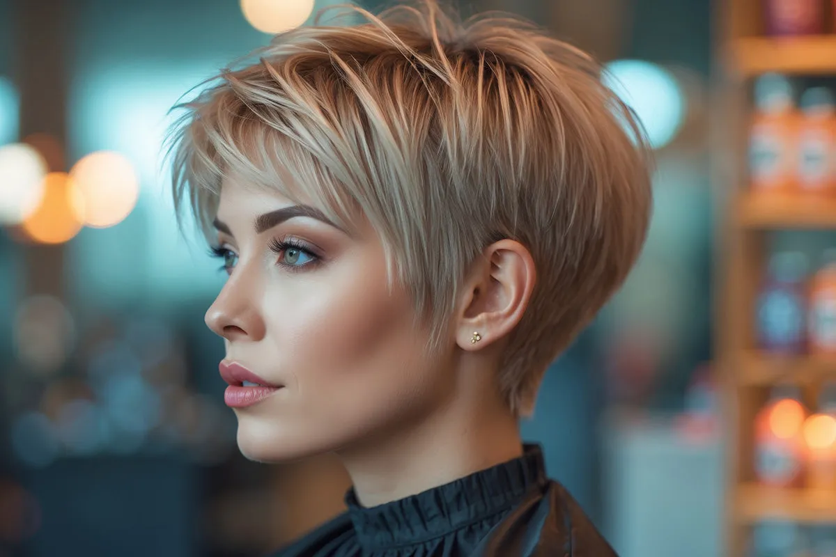 Kobieta z blond pixie cut, modna fryzura podkreślająca jej delikatne rysy.