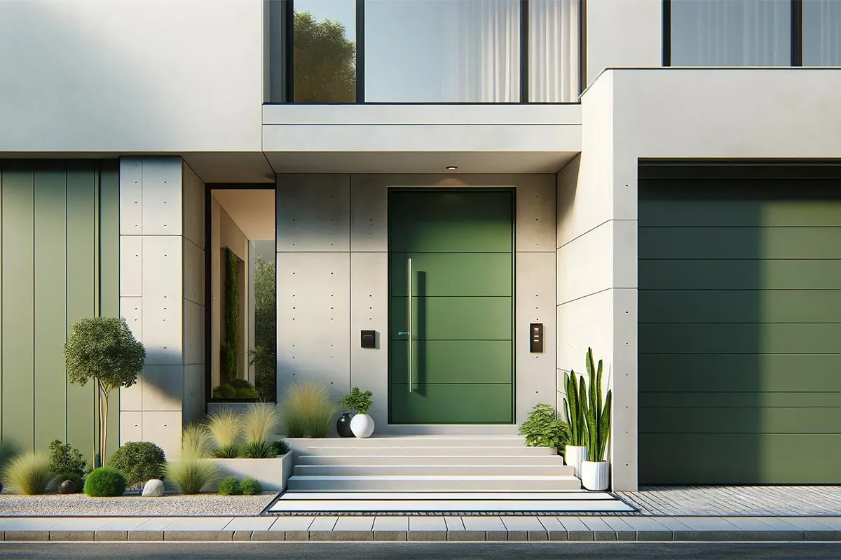 Nowoczesny dom z betonową elewacją i zielonymi drzwiami wejściowymi. Przed wejściem schody i zadbana roślinność.