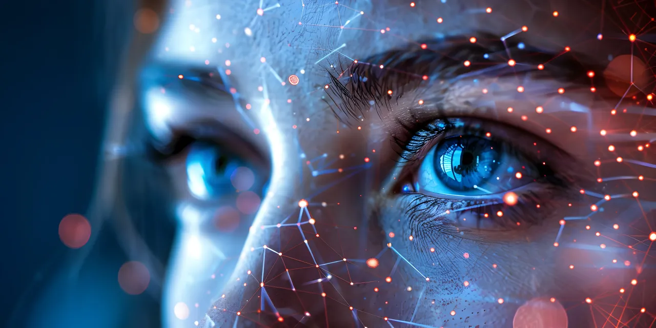 Niebieskie oko otoczone siecią połączeń, symbolizujące, jak rozwijać intuicję i dostrzegać głębsze wzorce.