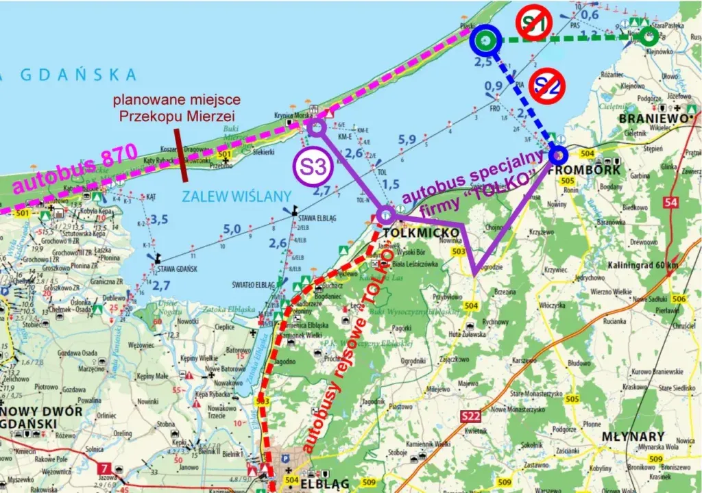 mapa trasy rejs Krynica Morska Frombork