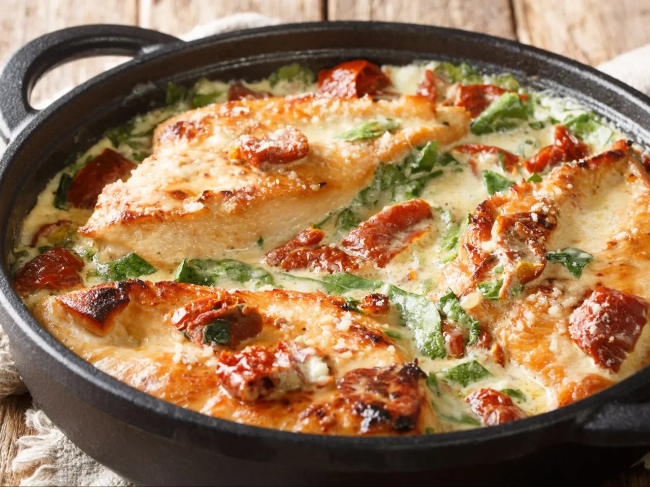 Pyszne danie z filet&oacute;w z kurczaka w kremowym sosie z suszonymi pomidorami i szpinakiem. Idealne co na obiad z filet&oacute;w z kurczaka.