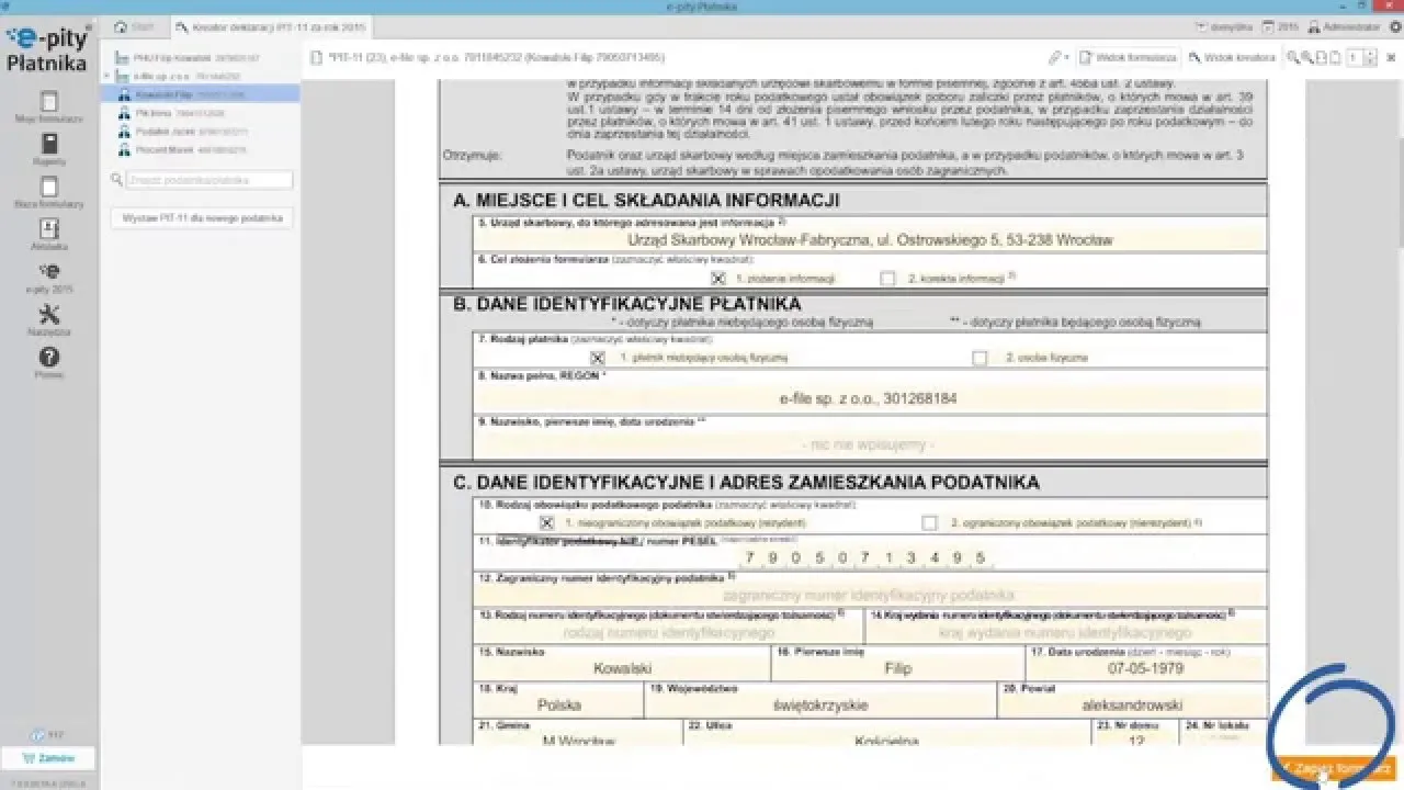 PIT-11 formularz z zaznaczonymi polami