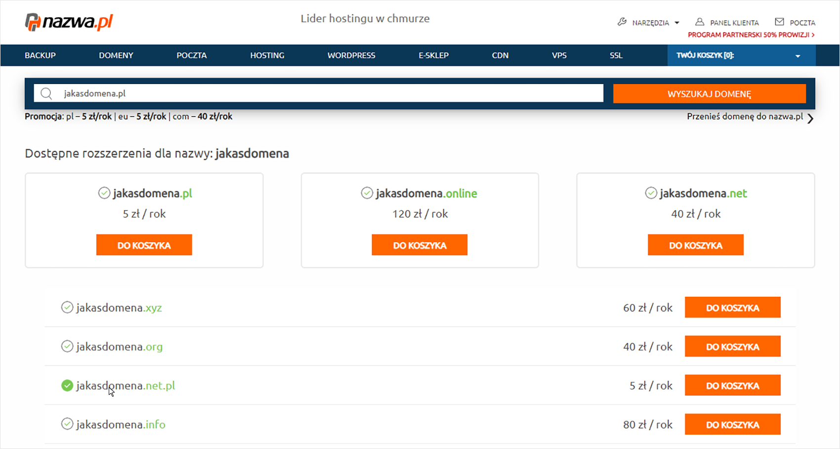 interfejs wyszukiwarki domen, sprawdź dostępność domeny