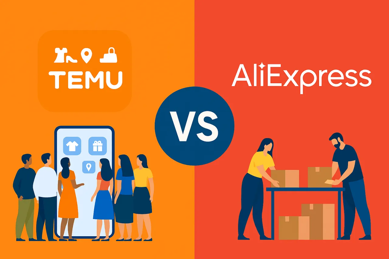 Temu vs. AliExpress: czy handel dropshipping nadal się opłaca w dobie konkurencji z Chin? Grafika porównuje platformy.