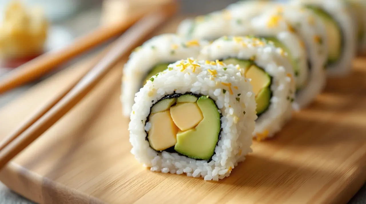 Rolka sushi z awokado i mango na desce, obok pałeczek. Zastanawiasz się, ile kalorii ma sushi?