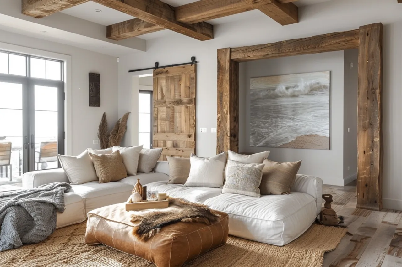 Wnętrze dąb rustykalny jasne ściany beż biel