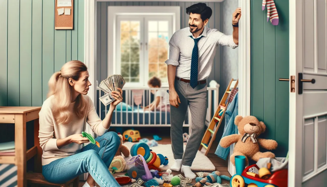Gdy matka zostawia dziecko ojcu, wręcza mu pieniądze na pieluchy i zabawki. Ojciec uśmiecha się, gotowy na wyzwanie.