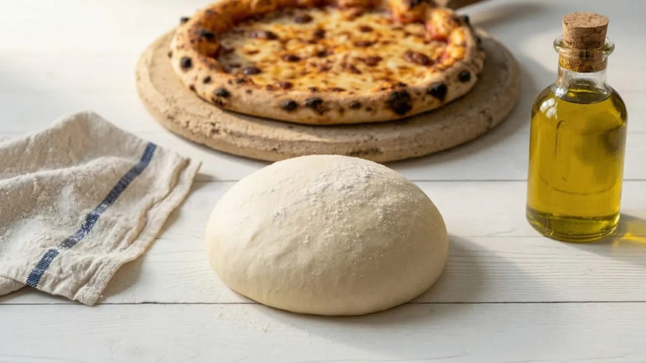 Świeże ciasto na pizzę ze świeżych drożdży, gotowe do pieczenia. Obok butelka oliwy i gotowa pizza.