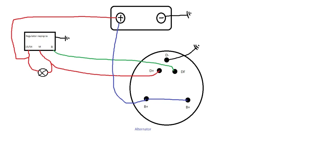 schemat podłączenia alternatora z zewnętrznym regulatorem
