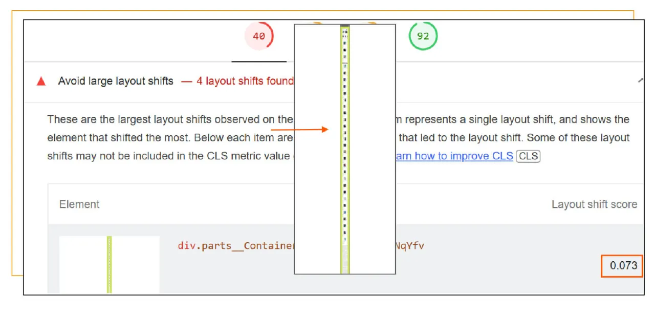 Raport o błędach: 4 duże przesunięcia układu (cumulative layout shift) znalezione. Wykres pokazuje przesunięcia elementów.