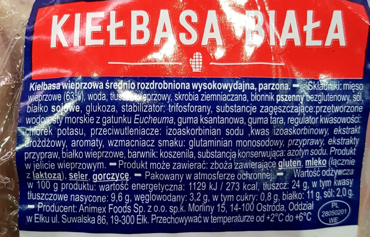 etykieta skład białej kiełbasy