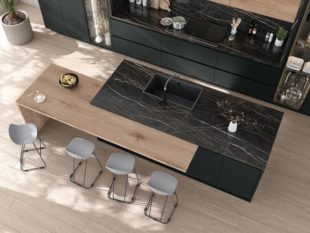 kuchnia dąb sonoma blat imitujący kamień lub beton