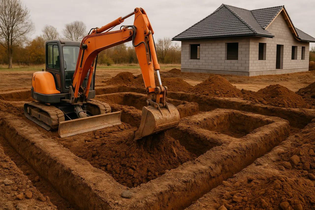 Koparka kopie fundamenty pod dom. Pokazuje, ile jest ważne pozwolenie na budowę, by legalnie rozpocząć prace.