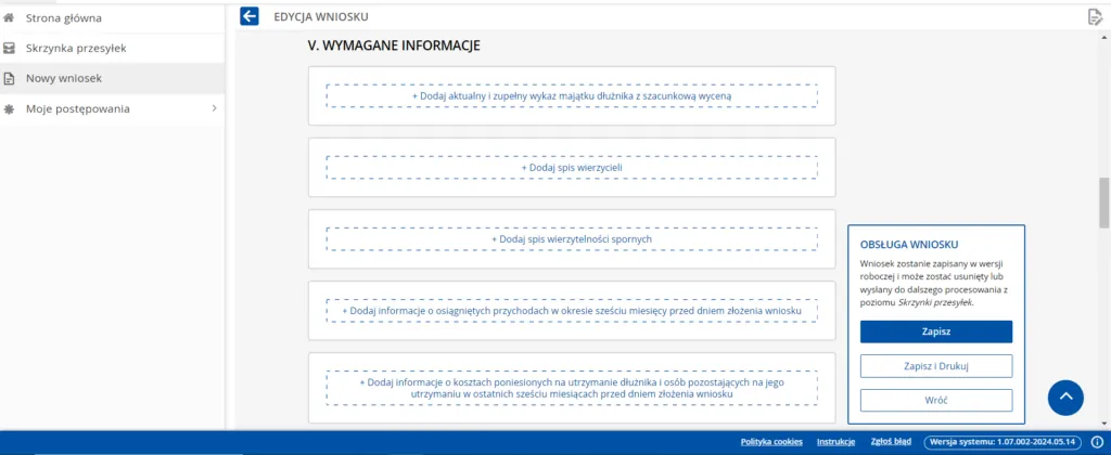 proces składania wniosku o upadłość konsumencką online KRZ