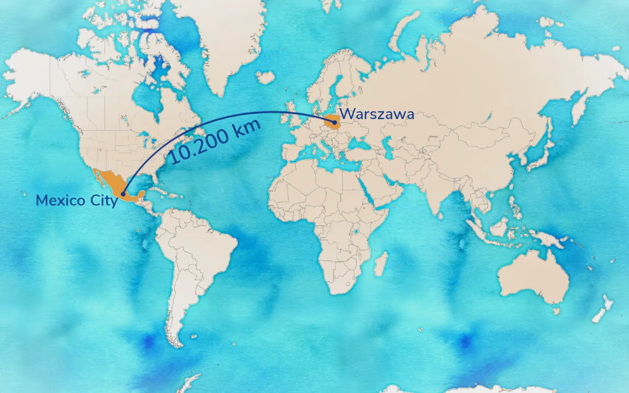 Mapa świata z zaznaczoną trasą z Warszawy do Mexico City (10.200 km). Czy Meksyk jest bezpieczny dla turystów?