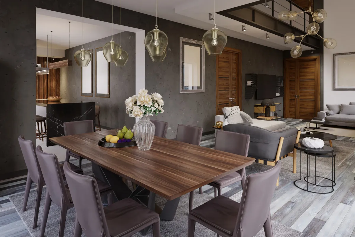 Nowoczesny salon z jadalnią: jak ustawić meble, by stworzyć funkcjonalną przestrzeń. Duży stół z krzesłami, sofa i stoliki kawowe.