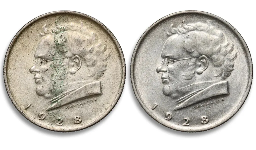 srebrna moneta przed i po czyszczeniu domowym sposobem