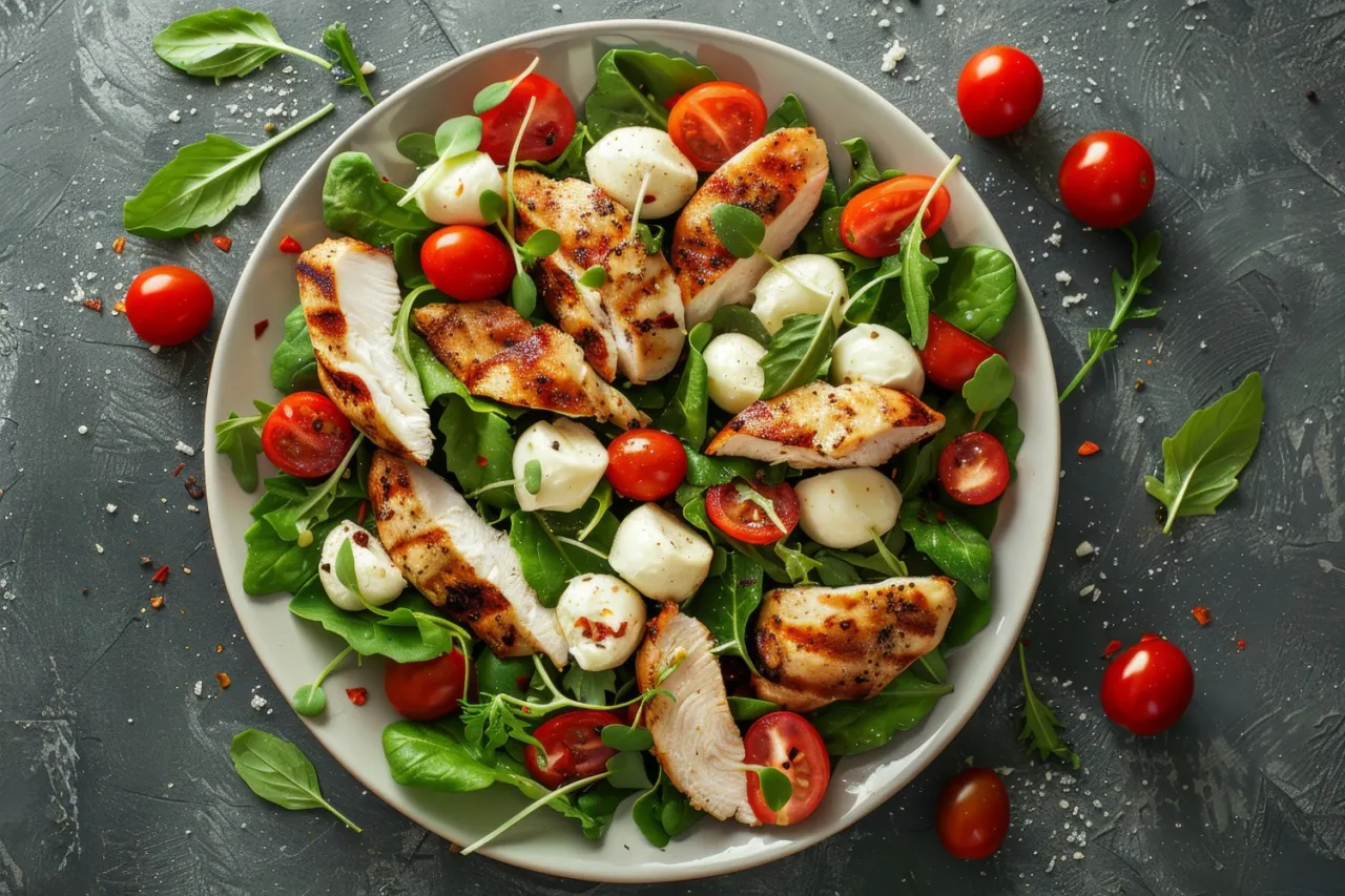Sałatka z grillowanym kurczakiem, pomidorkami i mozzarellą &ndash; idealne co na obiad latem.